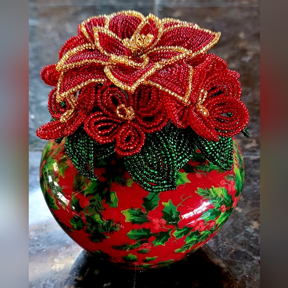 Festive Holiday Vase filled with French Beaded Flowers